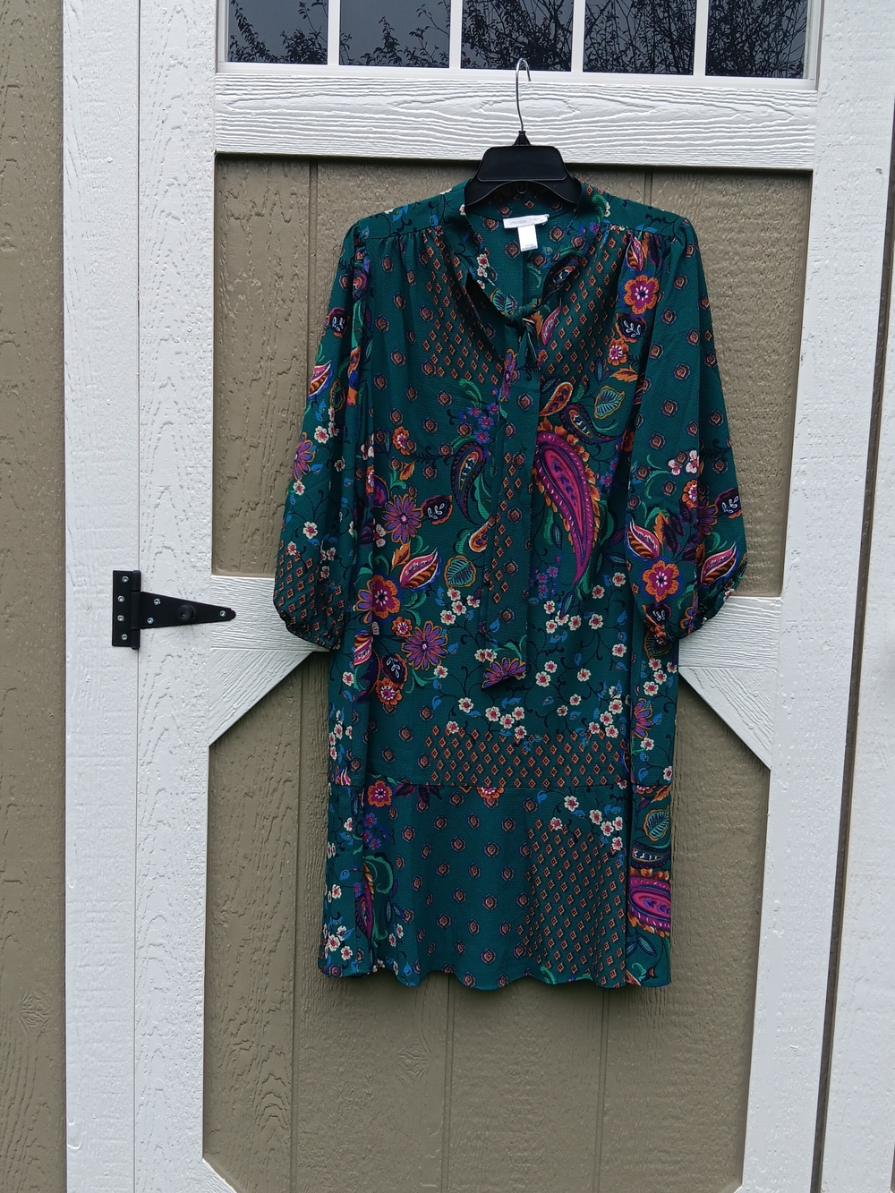 London Times Teal Paisley Floral Tie Neck Shift Dress Bishop Sleeve Size 14
